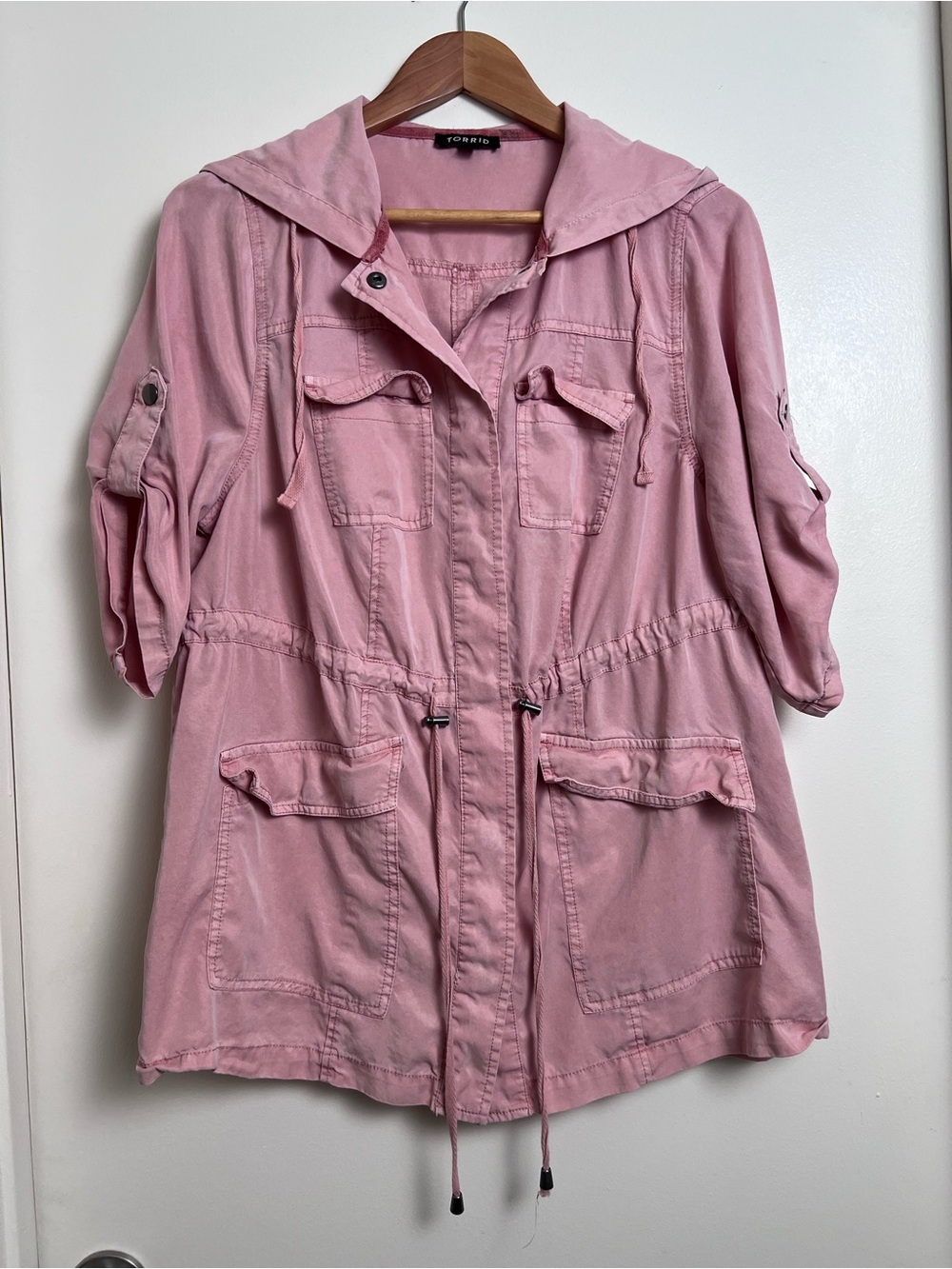 Torrid Pink Lyocell Tencel Utility Jacket Hooded Anorak Roll Tab Sleeves 00